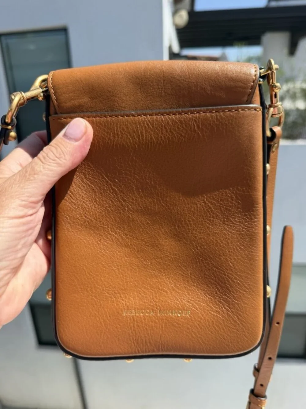 Rebecca Minkoff brown leather crossbody phone gold studded bag travel